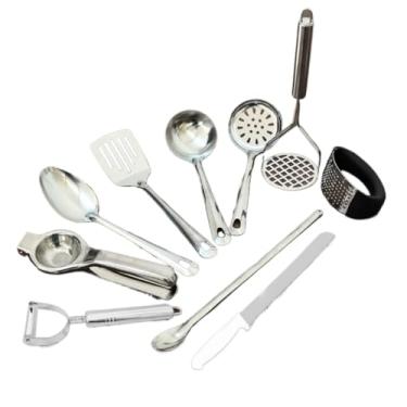 Imagem de Utensilios para Cozinha INOX 4pçs - Espatula Escumadeira Colher de Arroz Concha Louça Comida Casa(KIT 10 PEÇAS)