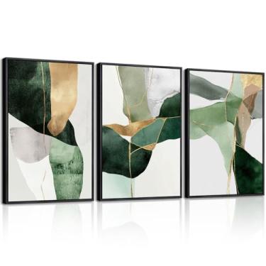 Imagem de Gardenia Art 3 peças de arte de parede verde sálvia emoldurada, pintura em tela de mármore abstrata moderna, pôsteres de imagem preta em ouro verde decoração de parede minimalista para sala de estar