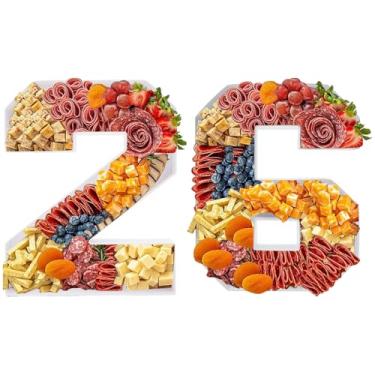 Imagem de Prato de papelão preenchível com número de placa de charcutaria de 35,5 cm, caixa de decoração de frutas, presente de aniversário, festa de aniversário (branco, número 25)