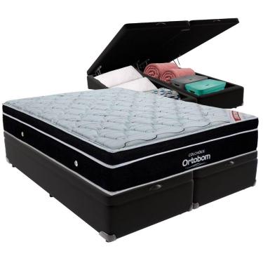 Imagem de Cama Box Baú Preto E Colchão Elegant Molas Ensacadas Queen Ortobom