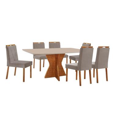 Imagem de Conjunto Sala De Jantar Mesa Madri 160x90cm Tampo Retângular Vidro Off White Com 6 Cadeiras Bela Veludo Cinza