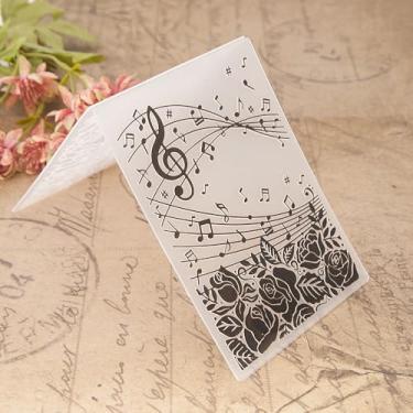 Imagem de Pasta de gravação de plástico com padrão de nota musical musical, impressões texturizadas em 3D, fundo de folhas de rosa, modelo de pasta em relevo para fazer cartões, scrapbook, papel, artesanato