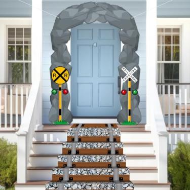 Imagem de Faixa de porta de festa de aniversário de trem decoração de festa de trem cena de travessia de ferrovia faixa de varanda corredor corredor pendurado pano de fundo para aniversário, Natal, casa, parede