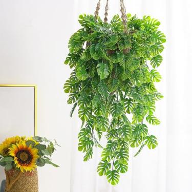 Imagem de 1 peça de plantas artificiais penduradas, folhas de Monstera falsas, videira, vegetação sintética, resistente a UV, planta tropical de folha de palmeira para jardim, casa, festa, primavera, verão (73