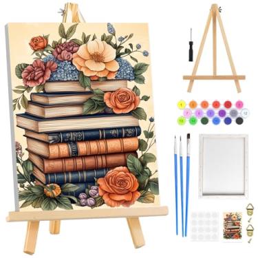 Imagem de RICUVED Kit de pintura por números para adultos iniciantes emoldurado com cavalete de madeira, livros flores kits de pintura por número em tela, pintura a óleo acrílica fácil DIY por números para