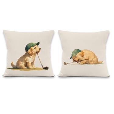 Imagem de Lengues Conjunto de 2 capas de almofada de golfe Golden Retriever, 45,7 x 45,7 cm, presentes para amantes de cães, fronhas decorativas esportivas infantis para sala de jogos, berçário, sofá-cama