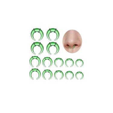 Imagem de Longbeauty 14 peças kit de alongamento de septo de vidro 14G-2G conjunto de expansores de orelha em forma de C medidores cônicos ferraduras, conjunto de joias de piercing corporal, verde