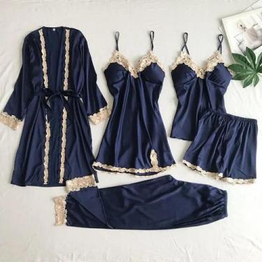 Imagem de Conjunto De Pijamas De Luxo Feminino Em Cetim Com 5 Peças, Robe Com Re