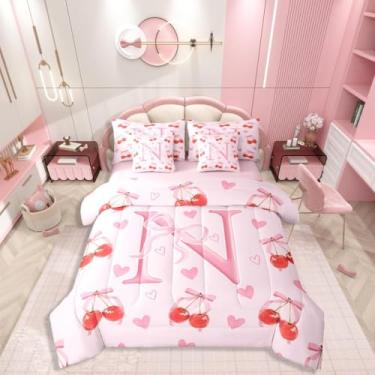 Imagem de Conjunto de cama solteiro com letra N com 7 peças, monograma com laço kawaii, estilo princesa, inclui edredom, conjunto de lençol, fronhas e fronhas, decoração de quarto de coração fofo para amantes