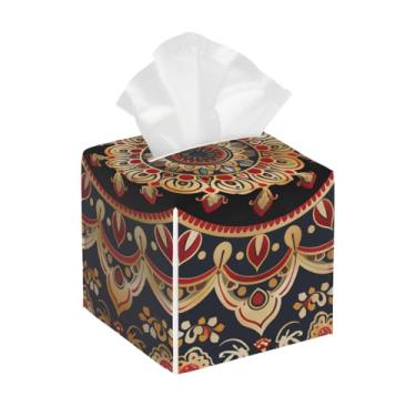 Imagem de Porta-lenços de couro quadrado impermeável mandala amarelo étnico organizador de papel facial com cinto inferior cubo estojo de lenços para mesa, banheiro, escritório, mesa, carro, decorativo