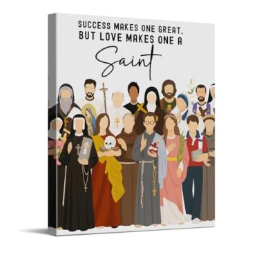 Imagem de CYFDYVT Arte de parede em tela católica "Love Makes One a Saint", impressão artística de ilustração de santo moderna, decoração de fé inspiradora para casa, igreja ou sala de aula, tela deformada, 20