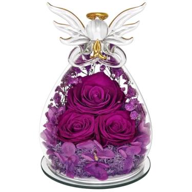 Imagem de AZKAQA Presentes de rosas preservadas para mulheres, aniversário, flor eterna em vidro, estatuetas de anjo flores frescas para entrega para mãe, rosas coloridas reais para avó, irmã, esposa, ela, da