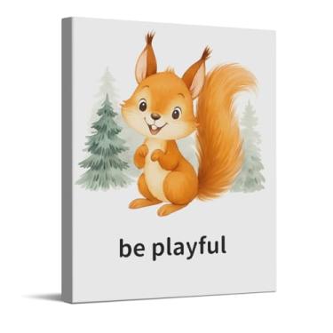 Imagem de Be Playful Squirrel Impressão de arte com citações inspiradoras, arte de parede em tela de berçário de safári, decoração de parede de animal de bebê para quarto de bebê, presentes para bebês meninos e