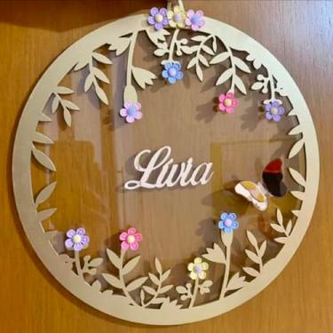 Imagem de Placa Decorativa Personalizada, Redonda, Madeira, Flores Coloridas, Design Floral, Tema Jardim