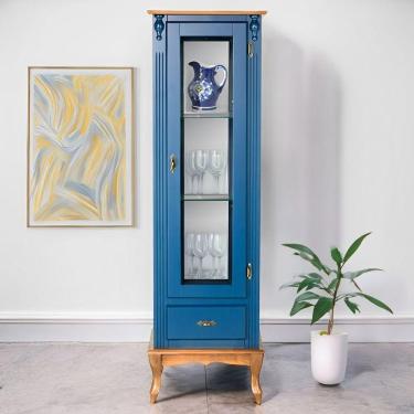 Imagem de Cristaleira De Madeira 1 Porta 1 Gaveta, Espelho E Pés Luiz Xv - Azul Bic Com Tampo E Base Imbuia Glazer