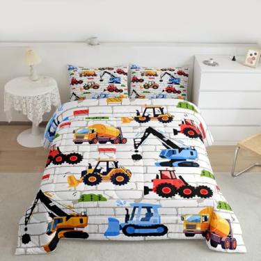 Imagem de jejeloiu Jogo de cama solteiro com desenho de escavadeira, caminhões tratores, para crianças, meninos, meninas, edredom para decoração de quarto, 2 peças com 1 fronha