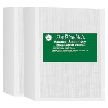 Imagem de O2frepak Sacos seladores a vácuo com 200 unidades, tamanho grande, 35,5 x 50,8 cm, 4 mm, sem BPA e prevenção de perfuração, sacos para congelador com vedação a vácuo, ótimos para sacos pré-cortados