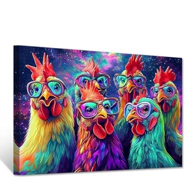 Imagem de CXHOSTENT Arte de parede de galo em tela engraçada decoração de parede de galo impressão de pintura de animais de fazenda imagens coloridas de galo moldura para decoração de berçário (40,6 cm x 61 cm)