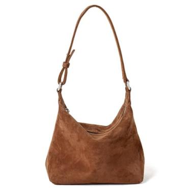 Imagem de Bolsa tiracolo feminina de couro de camurça premium pequena com alça ajustável bolsa Hobo de camurça, Marrom, 01, Bolsas tiracolo de couro de camurça premium