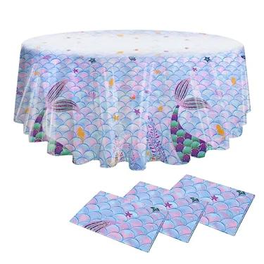 Imagem de YiePhiot 3 toalhas de mesa para chá de bebê, toalha de mesa redonda para chá de bebê, capas de mesa de decoração de festa de sereia, capa de mesa de plástico para chá de bebê compatível com uma mesa