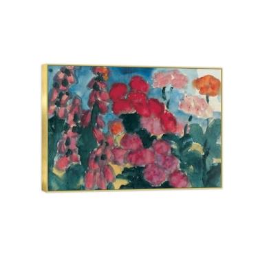 Imagem de BMZFYBS Pintura de arte de parede de flores - imagem de decoração vintage - flores vermelhas e rosa - impressões em tela moldura dourada para sala de estar 80 x 115 cm 31 x 45 pol