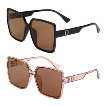 Imagem de HARFINGTON 2 peças de óculos de sol para mulheres e homens, armação grande de policarbonato em forma de D óculos de sol modernos com proteção solar para dirigir, fazer compras e tirar fotos, preto