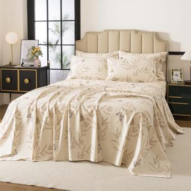 Imagem de FADFAY Jogo de lençol King bege, 100% algodão escovado - design floral, ultraaconchegante e térmico, bolso profundo, aquecimento para todas as estações