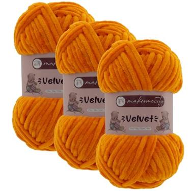 Imagem de Makromecity 3 novelos de fio de veludo 100 g (3,5 oz) / 120 m (132 jardas) fio de chenille premium 100% poliéster, ultra macio, antibolinhas, lavável na máquina, 30 cores para tricô e crochê (laranja