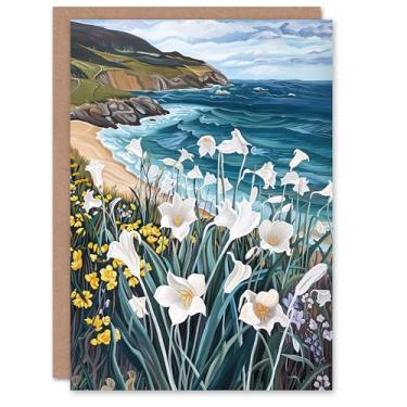 Imagem de Artery8 Cartão de felicitações Aberdaron Coastal Wales Daffodils Hills Pintura em branco para ele ou sua arte Cartão de aniversário