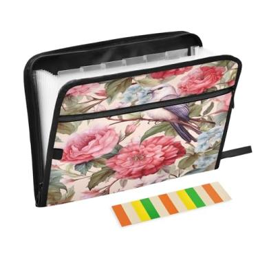 Imagem de Wassud Organizador de arquivos sanfonado com 13 bolsos para pássaros e flores, pastas expansíveis com abas e adesivos, tamanho carta A4, papel para recibos, documentos, pasta organizadora para viagens