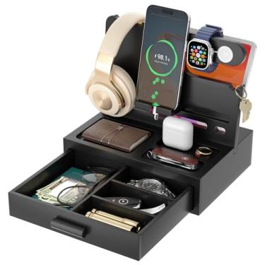 Imagem de Vdamu Estação de ancoragem de telefone para homens – organizador de mesa de cabeceira com gaveta – presentes de aniversário para homens, marido, pai, namorado, ele – estação de carregamento de madeira