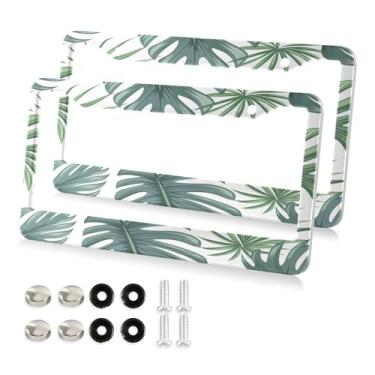 Imagem de Qilmy Molduras de placa de licença 2 pacotes, capas de placa de licença de folhas de palmeira tropical, moldura universal de etiqueta de alumínio para etiquetas dianteiras e traseiras do carro131
