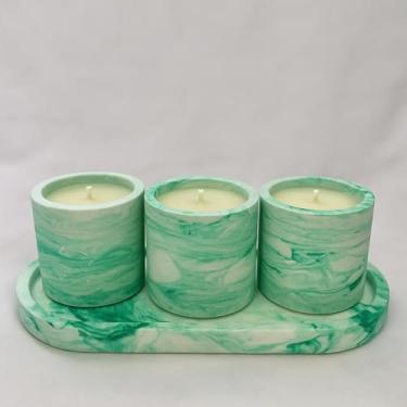Imagem de Velas decorativas Velas perfumadas artesanais com efeito mármore Velas perfumadas com bandeja decorativa Decoração para casa Presente (Marmorizado Verde,Lavanda)