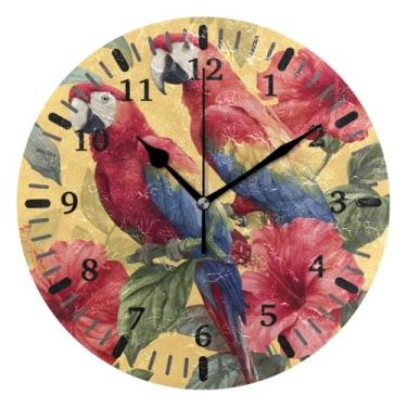 Imagem de CEBUGI Pássaros plantas tropicais relógio de parede operado por bateria relógios redondos silenciosos sem tique-taque relógios de parede para cozinha, banheiro, quarto, escritório, decoração 25,4 cm