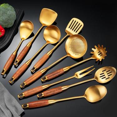 Imagem de NIITAWH Conjunto de utensílios de cozinha dourados, 9 peças de utensílios de cozinha de aço inoxidável com cabo de madeira, colher sólida e ranhurada, garfo, espátula, concha, escumadeira, afinador de