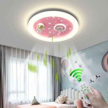 Imagem de Ventilador de teto com iluminação LED moderna, dimerizável, com controle remoto, temporizador, silencioso, 46W, design de desenho animado, ideal para quarto infantil, cozinha, sala de jantar