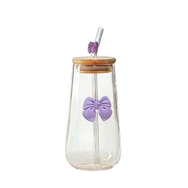 Imagem de Copo de água de palha criativo com laço de vidro fresco e fofo, estilo feminino de uso doméstico para suco, bebidas e chá de leite, utensílios domésticos, copo de suco, copo de vidro fofo, design de