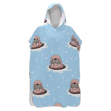 Imagem de TSENQUE Lindo roupão com estampa de morsa azul desenho animado poncho de surfe para adultos toalha de praia com capuz para natação ponchos de praia vestíveis para homens