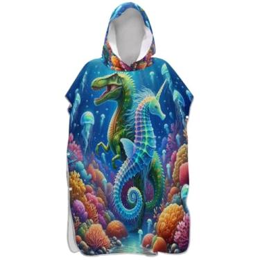 Imagem de Joisal Poncho de surfe trocador de roupão para banho de praia Adul toalhas com capuz plus size ponchos adultos para mulheres dinossauro bonito cavalo marinho