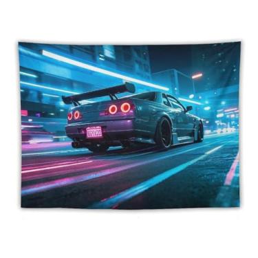 Imagem de HouLaiZhe JDM Tapeçaria de carro Jdm carro R34 sob luz neon pista pendurar na parede quarto decoração de casa tapeçarias estética piquenique decoração de parede arte de parede para dormitório sala de