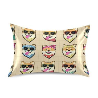 Imagem de Lindos desenhos animados Shiba Inu Dog fronhas de cetim bonito quarto refrescante estética arte fofa padrão King Queen almofadas tamanho padrão 66 cm x 50 cm