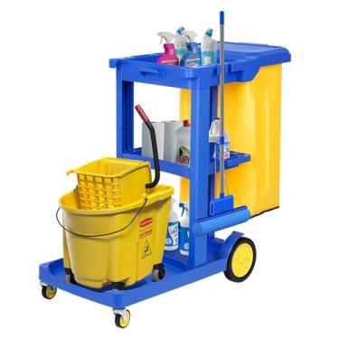 Imagem de tonchean Carrinho de limpeza comercial com 3 prateleiras, carrinho de limpeza de limpeza de limpeza de 90 kg Carrinho de limpeza de grande capacidade com rodas com saco de vinil amarelo de 77 litros