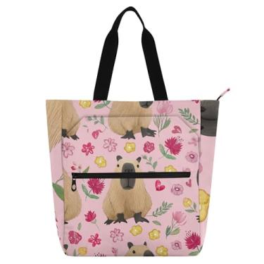 Imagem de GAIGEO Lindas flores capivaras rosa bolsas de trabalho para mulheres sacola de lona bolsas de tecido faculdade escola médio presente para amantes de livros bolsas de mão