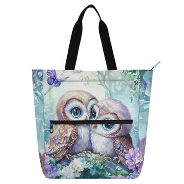 Imagem de GAIGEO Sacola feminina para trabalho floral de corujas com pintura em aquarela para livros de praia com zíper, bolsa de escritório com compartimentos
