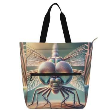 Imagem de GAIGEO Dragonfly Evil Big Eyes Bolsas de trabalho femininas de lona com zíper, bolsa carteiro de praia com compartimentos