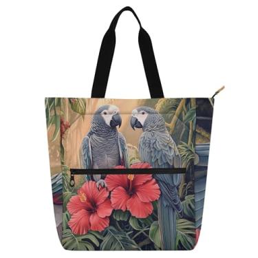 Imagem de GAIGEO Bolsa de lona reutilizável média reutilizável Parrot African Birds para crianças, mulheres, escola, professor, trabalho, viagem, com zíper