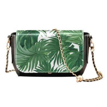 Imagem de Bolsa de ombro feminina de couro rosa e verde, bolsa de couro transversal para mulheres, bolsa de couro feminina com zíper, Folhas de palmeira tropical Green Monstera-2, One Size
