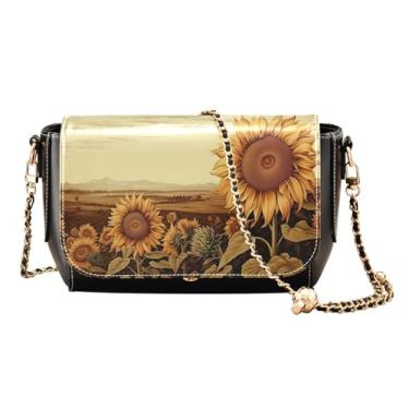 Imagem de GAIGEO Arco adornado com flores, bolsas transversais de couro para mulheres modernas, bolsa de ombro feminina, bolsa transversal de couro, O campo de girassol é desenhado em sépia-1, One Size