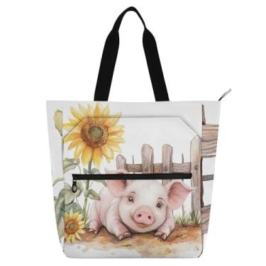 Imagem de GAIGEO Cute Pig Sunflower Bolsas femininas para trabalho, lona, faculdade, escola, bolsas femininas para amantes de livros