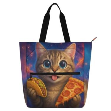 Imagem de Linda bolsa feminina engraçada galáxia gato pizza bolsa para trabalho lona praia escola bolsa feminina bolsa de mão infantil com compartimentos